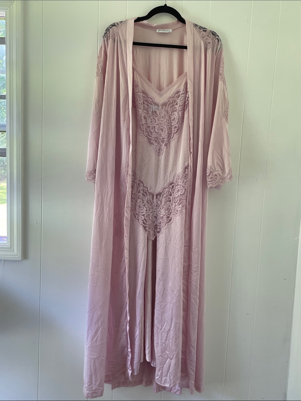 Vintage Pink Satin Lace Robe and Slip Set